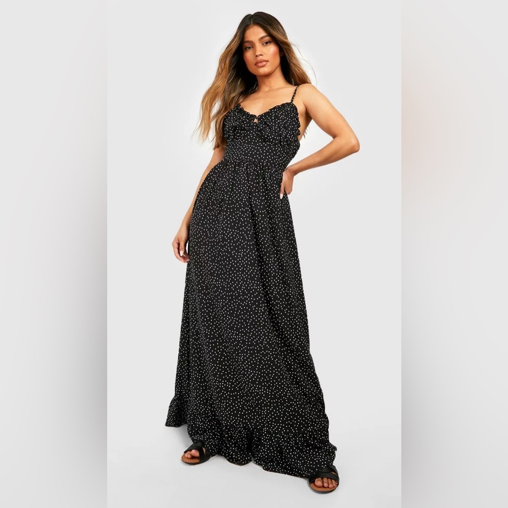 👗Boohoo - Polka Dot Ruched Bust Frill Hem Maxi Dress, size 8